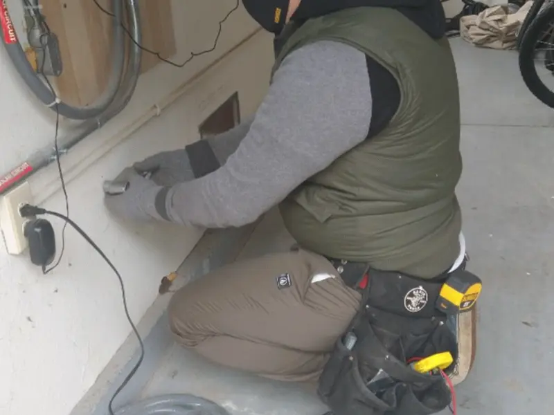 Electrician performing outlet wiring in a University Center garage
